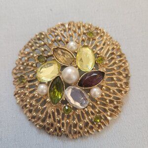 Vintage Sarah Coventry Gold Filigree Pin Brooch With Multicolor Rhinestones & Pe